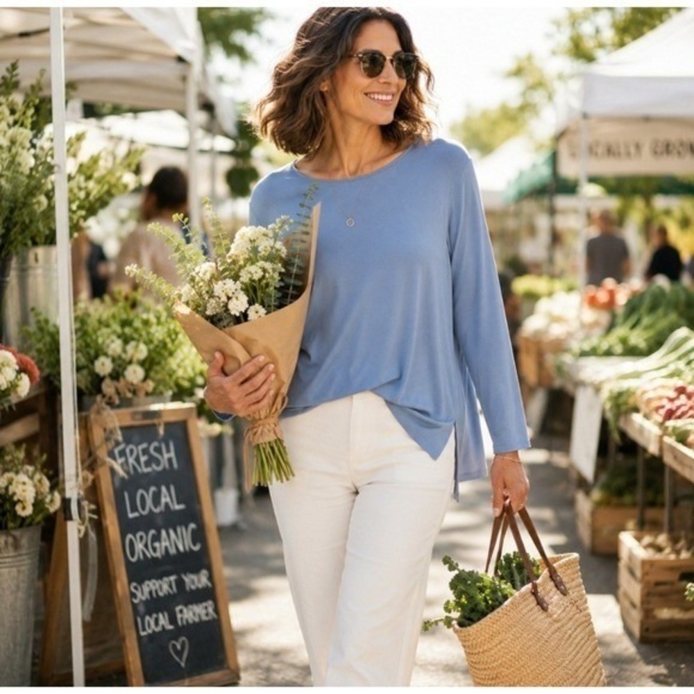 NWT Eileen Fisher Water Blue Viscose Jersey Tunic Top Sz L Relaxed, Side Slits